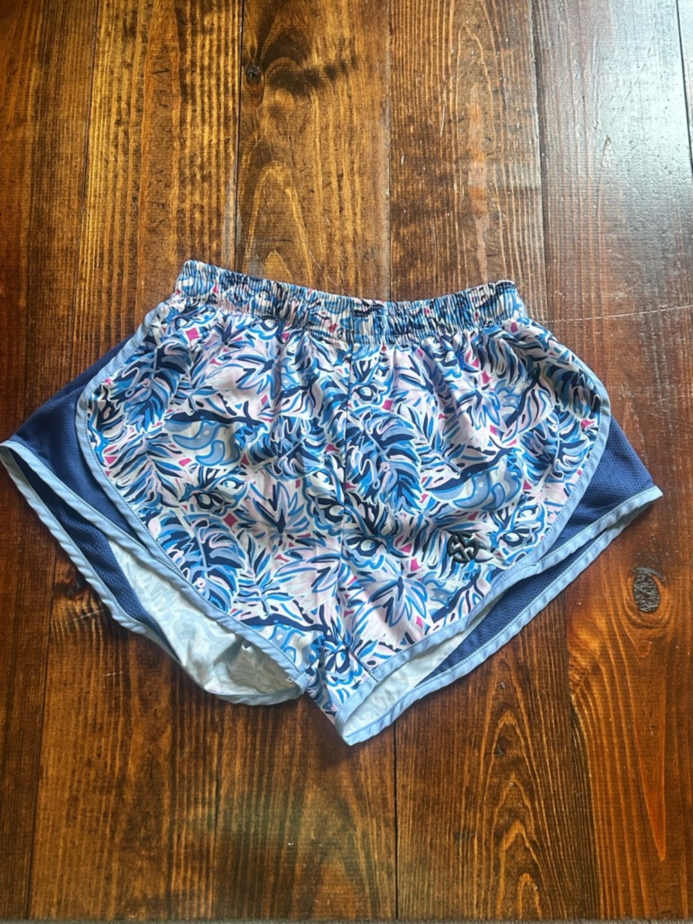 Simply Southern Blue Floral Print Athletic Shorts with Pink Accents